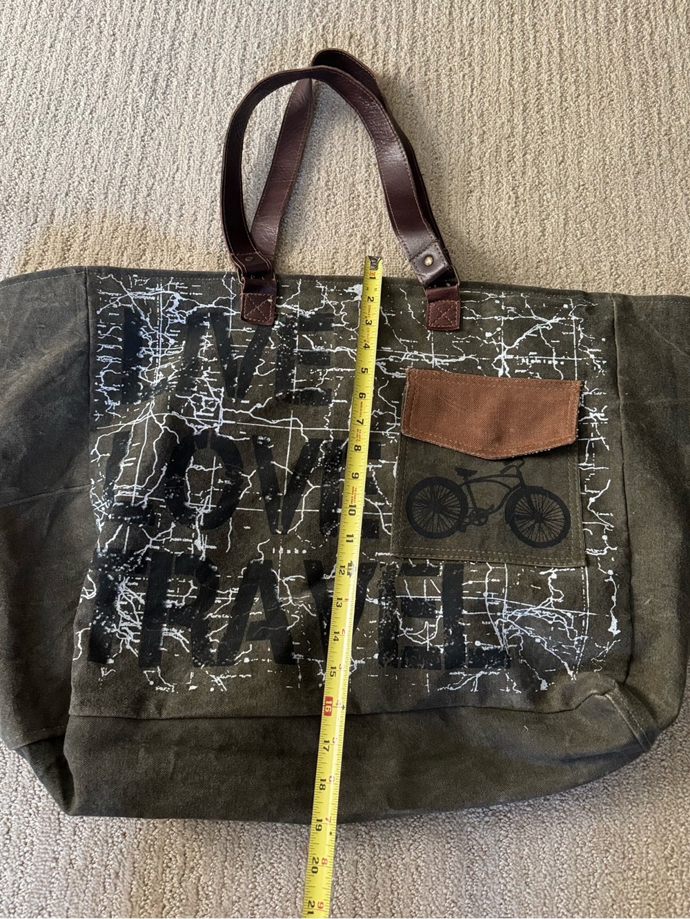 Mona B Oversized Canvass Tote Bag w/ Brown Leather Handles Army Khaki Travel